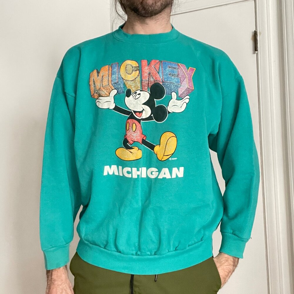 Vintage Mickey Mouse Michigan Crewneck Sweater Size XL Teal Made in USA